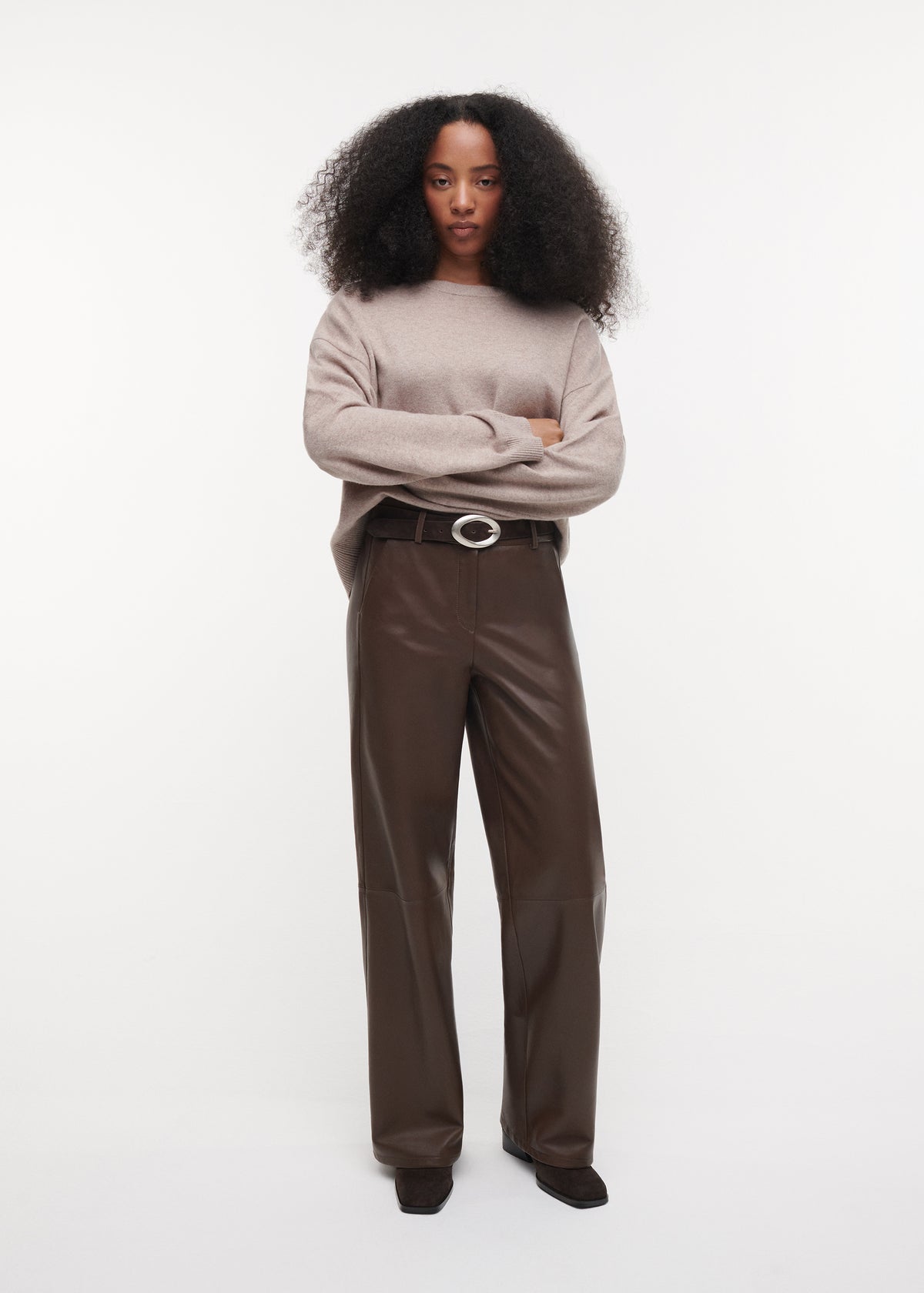 DAVINA Leather Straight Trousers | Cacao