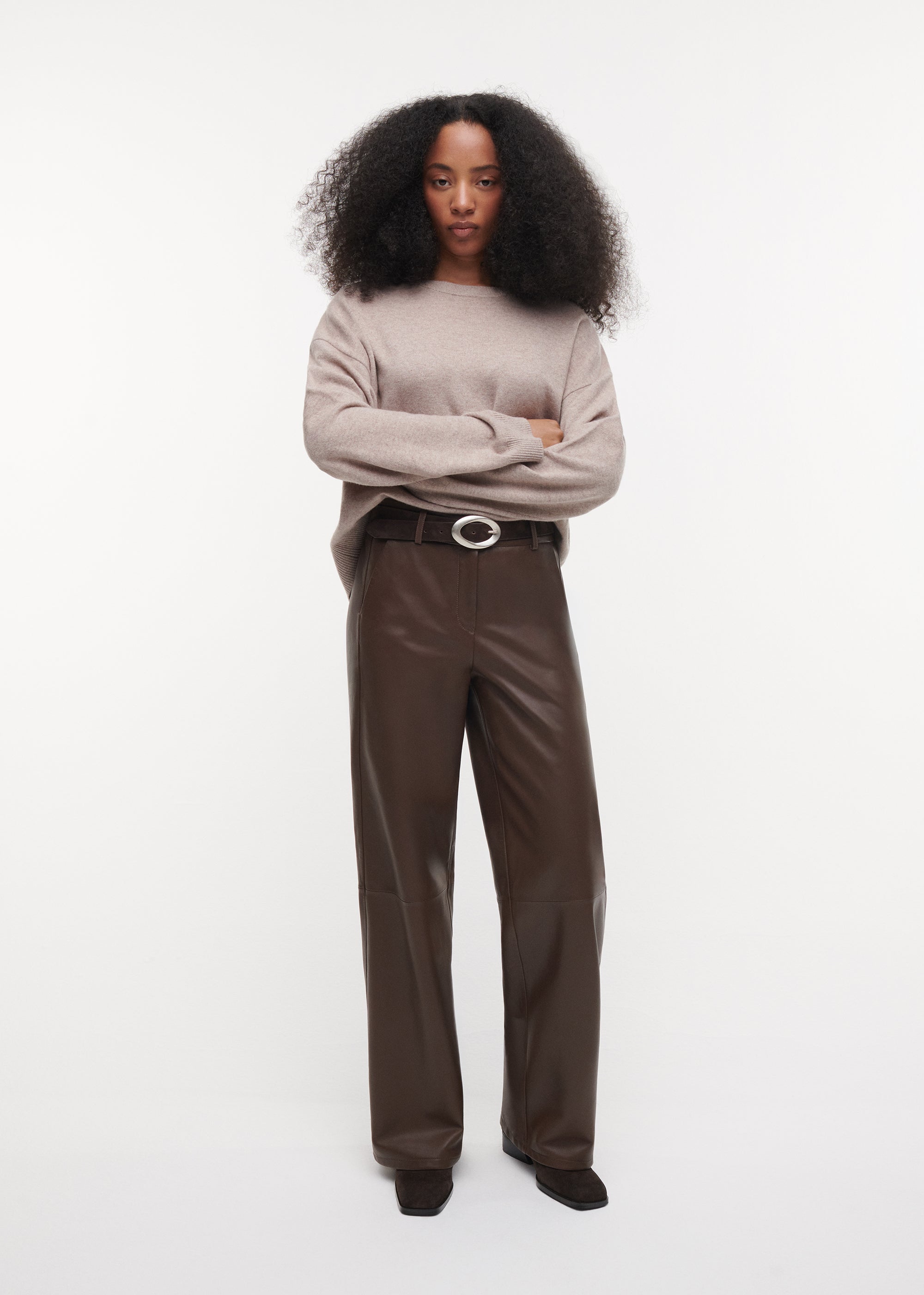 DAVINA Leather Straight Trousers | Cacao