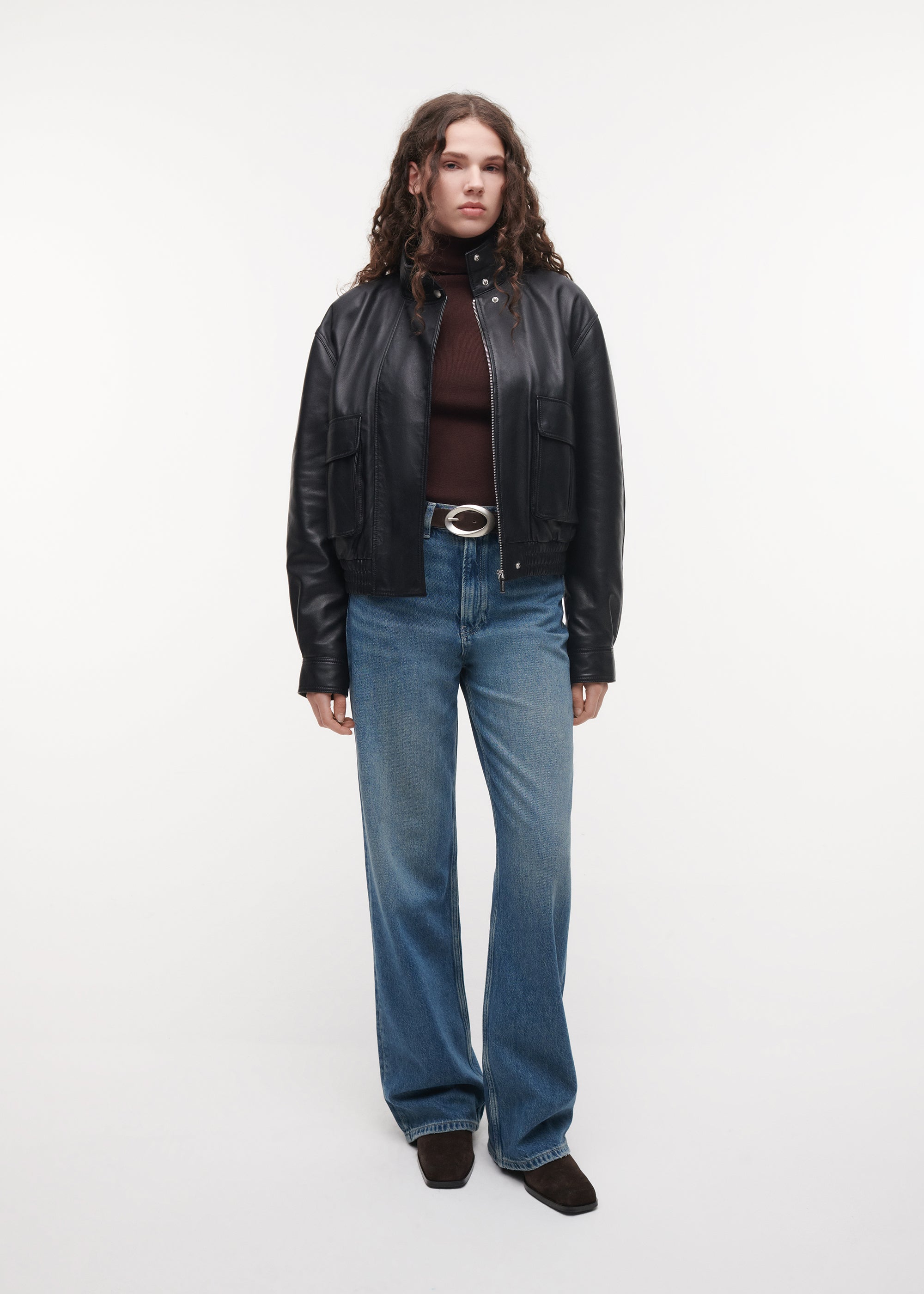 WILLOW Leather Funnel Neck Jacket | Black