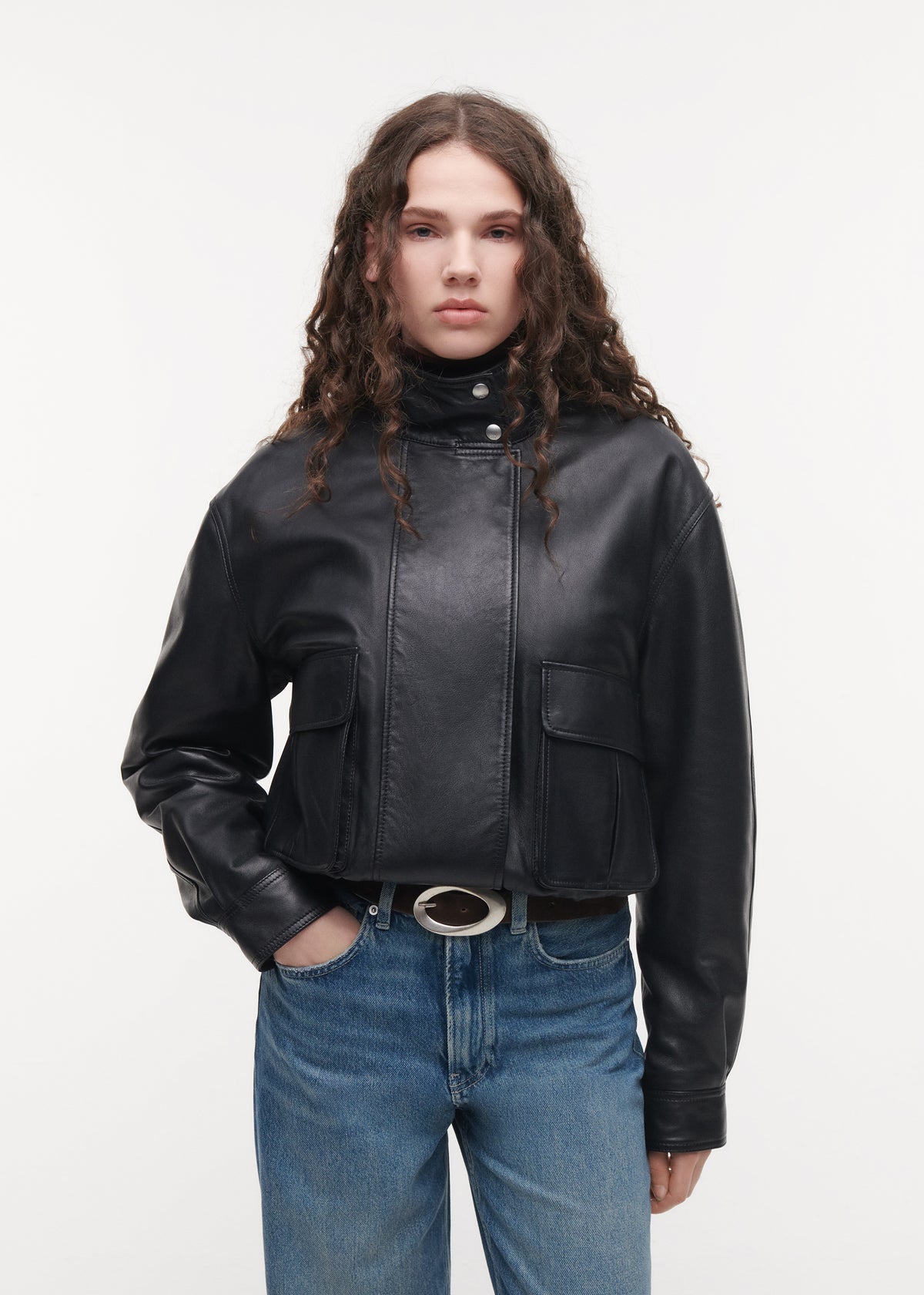 WILLOW Leather Funnel Neck Jacket | Black