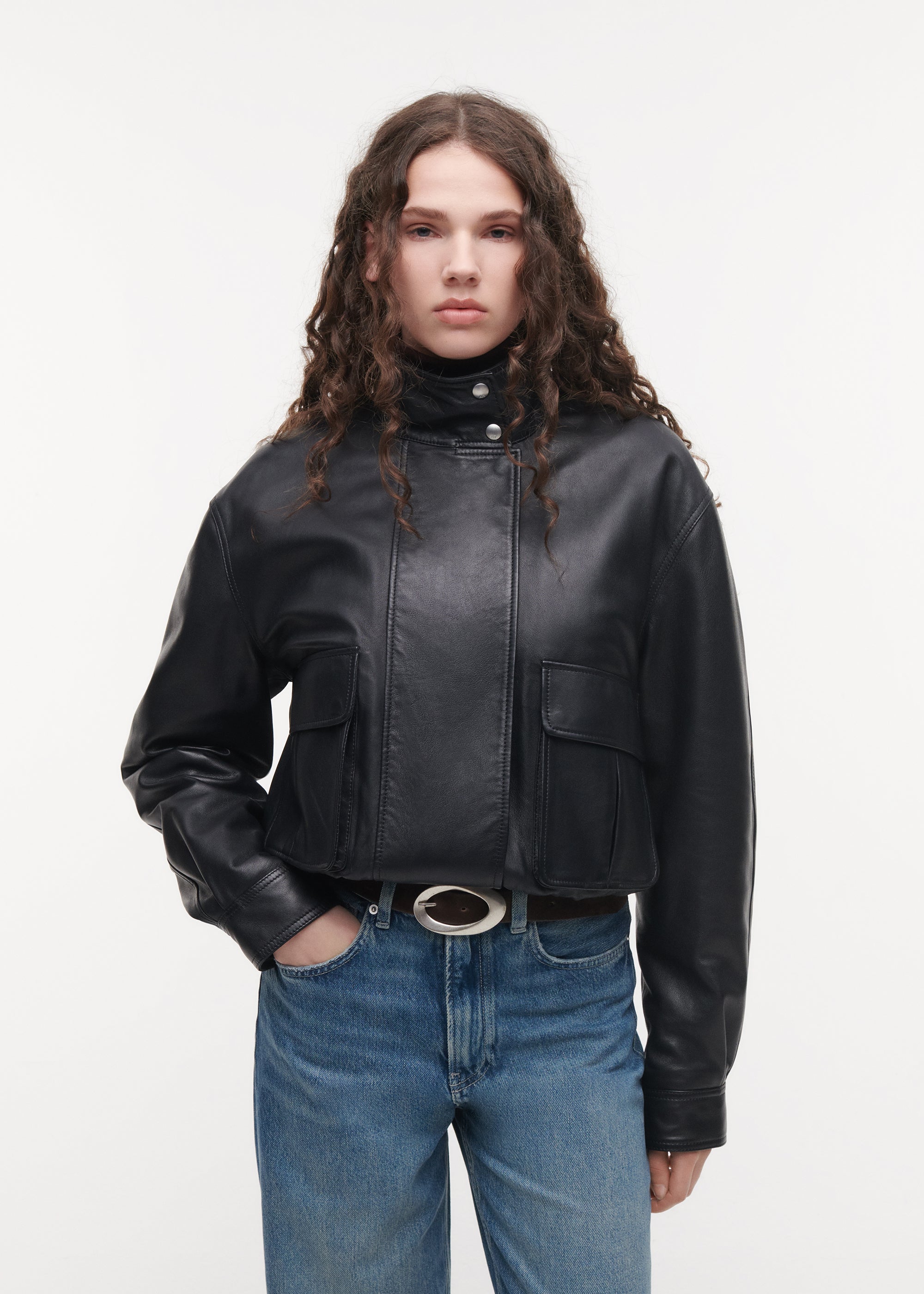 WILLOW Leather Funnel Neck Jacket | Black