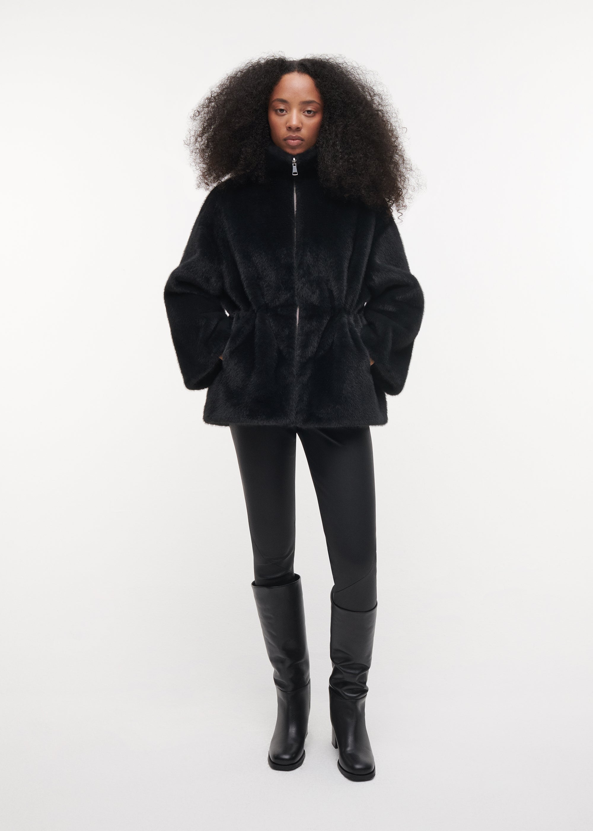 FRANKIE Cinched-Waist Faux fur Jacket | Dark Grey