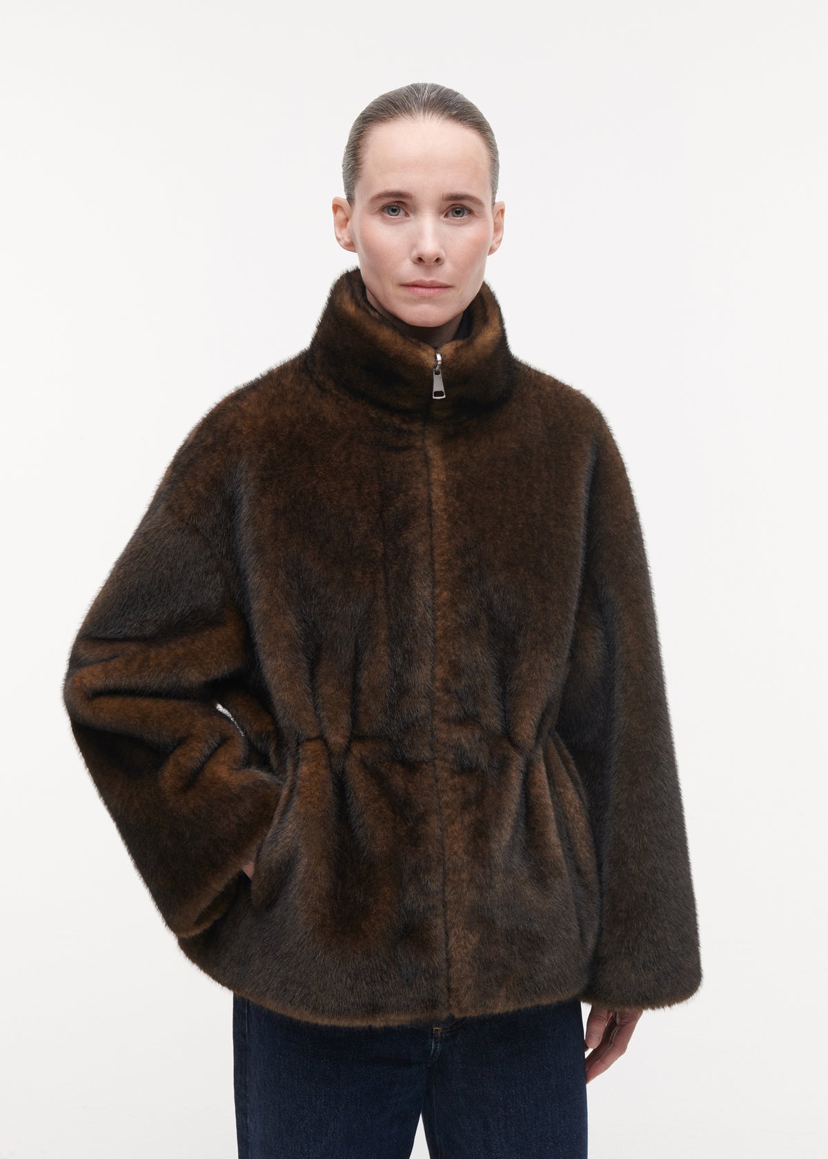 FRANKIE Cinched-Waist Faux fur Jacket | Olive