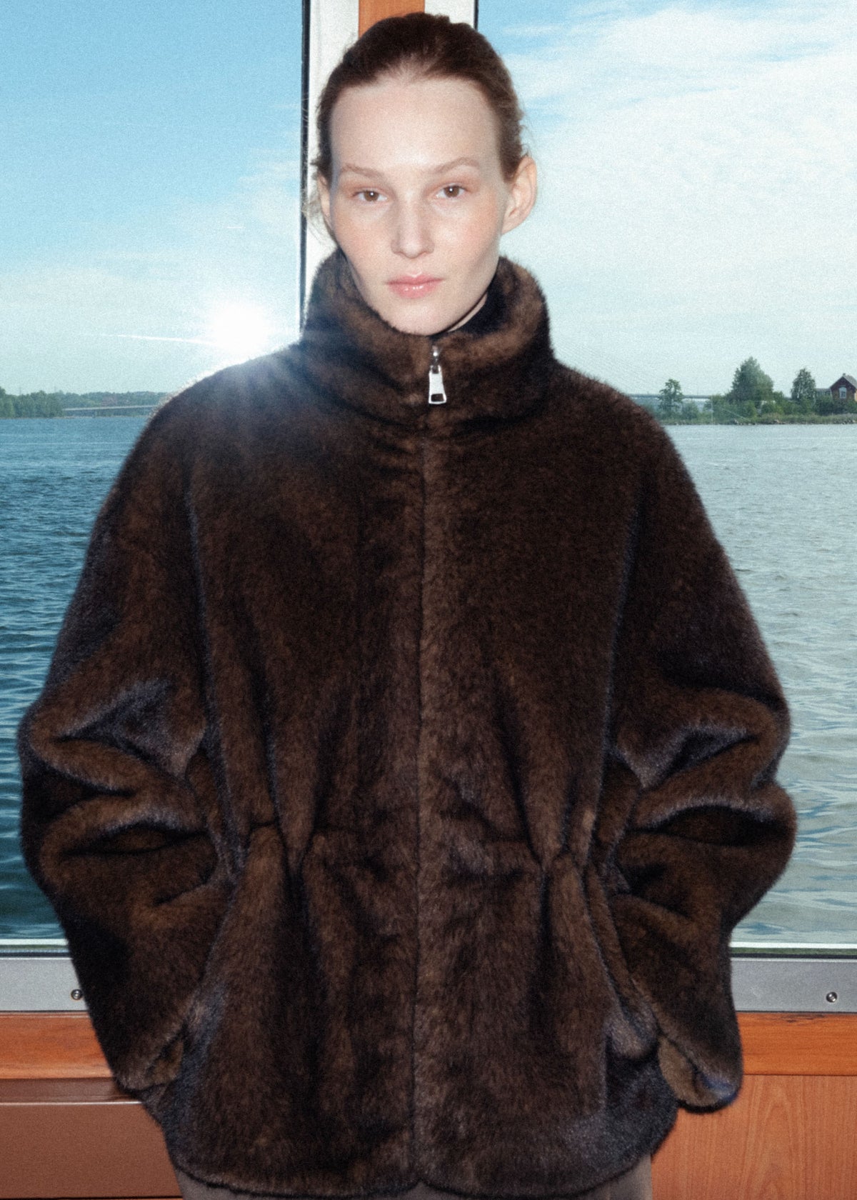FRANKIE Cinched-Waist Faux fur Jacket | Olive