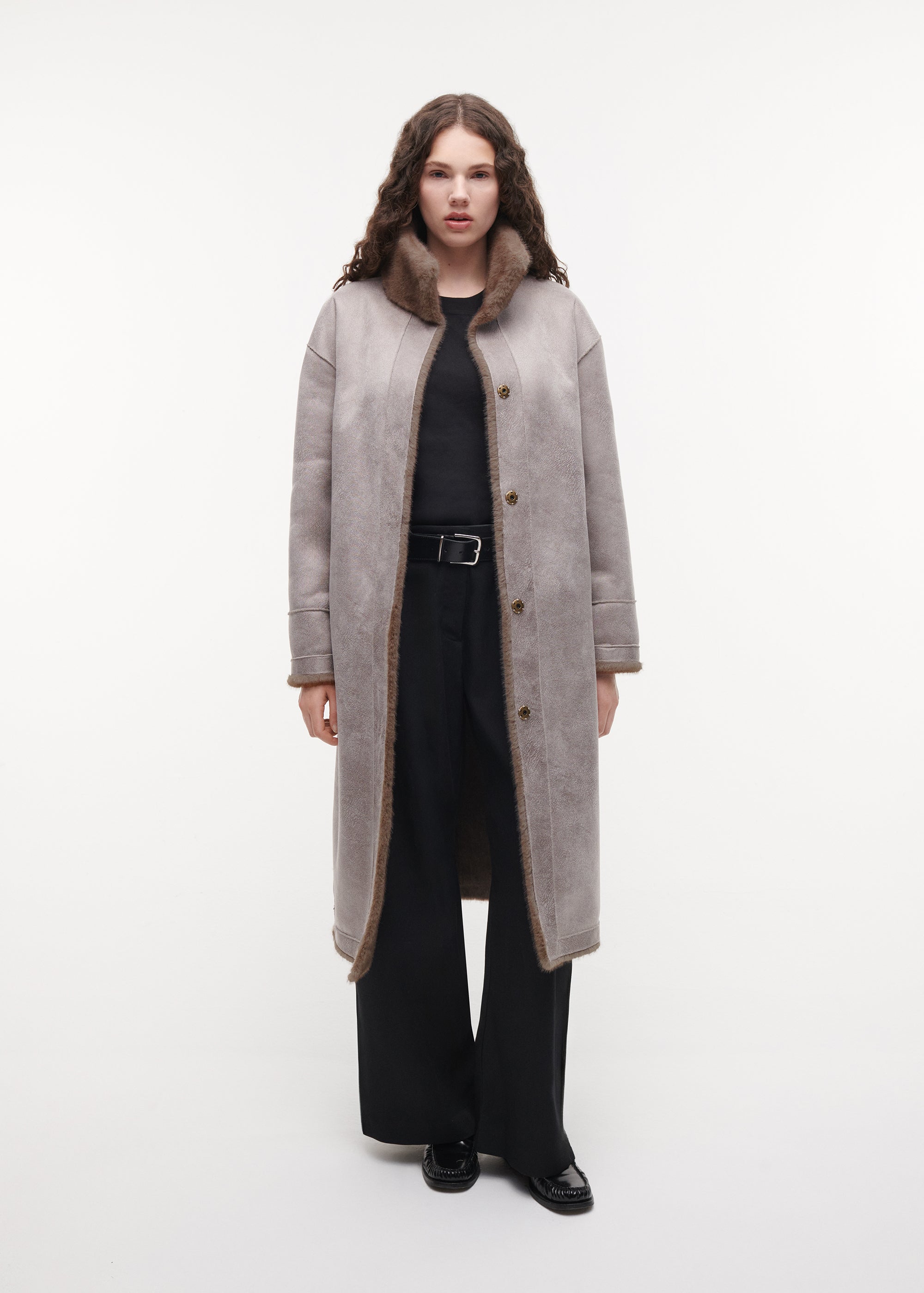 FREJA Long Faux Fur Coat | Pebble