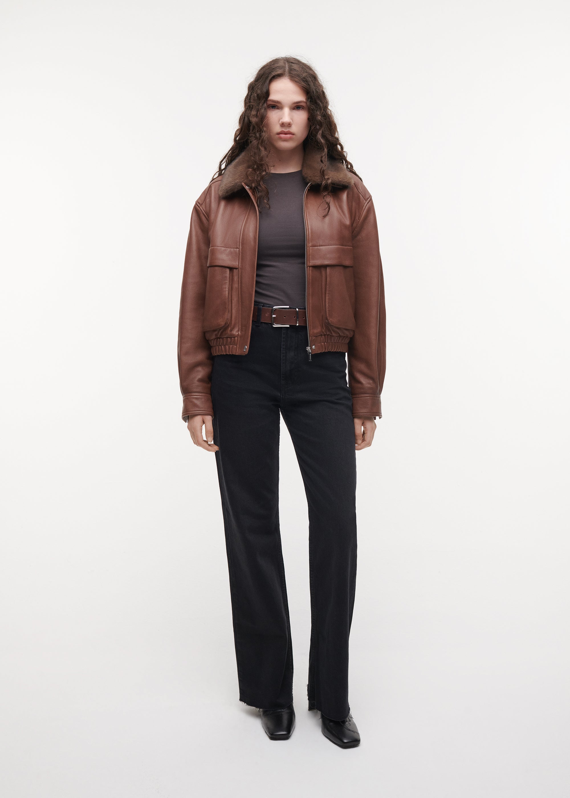 ABIGAIL Leather Aviator Jacket | COGNAC