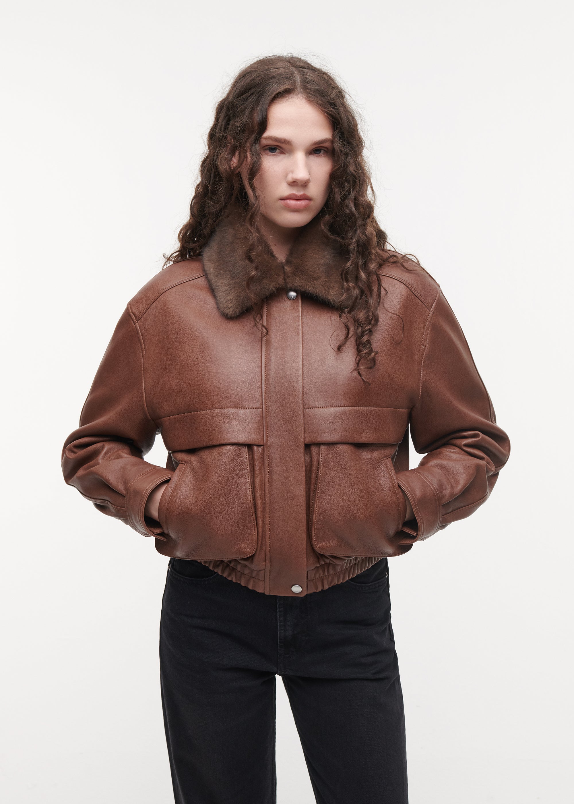 ABIGAIL Leather Aviator Jacket | COGNAC