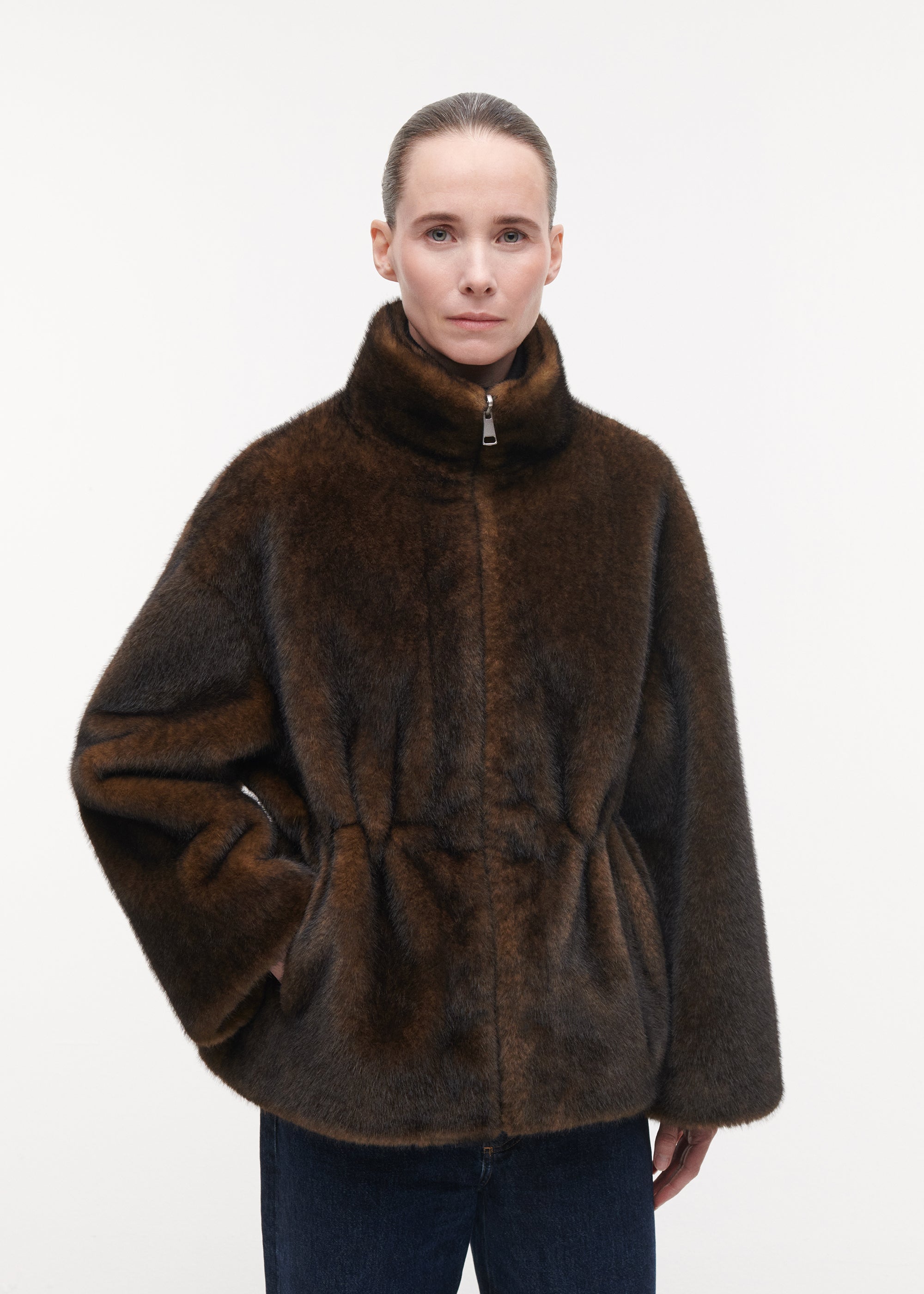 FRANKIE Cinched-Waist Faux fur Jacket | Olive