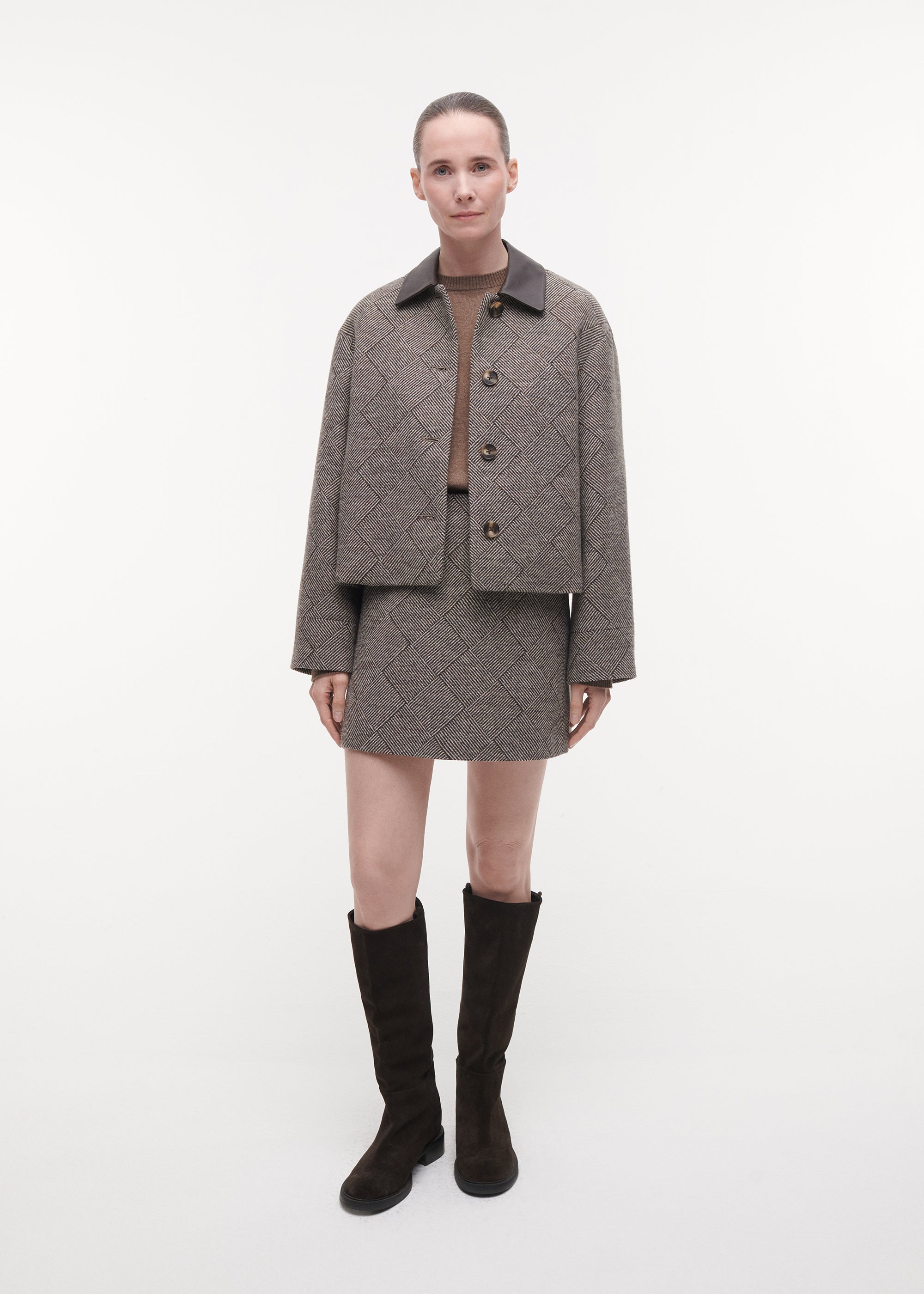NICOLINA Tweed Wool Jacket | Dark Brown Print